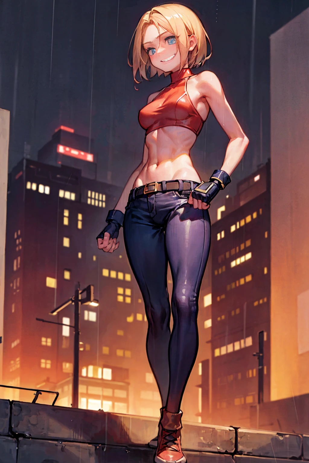 maryms,Best Quality,(beauty),masterpiece, 1girl,phisically-based render ,ultra highres,narrow waist, skinny,big eyes,long legs,(small breasts),puffy eyes, night,(rainy city), shiny skin, facing viewer, fighting stance, (make a fist),firm expression,