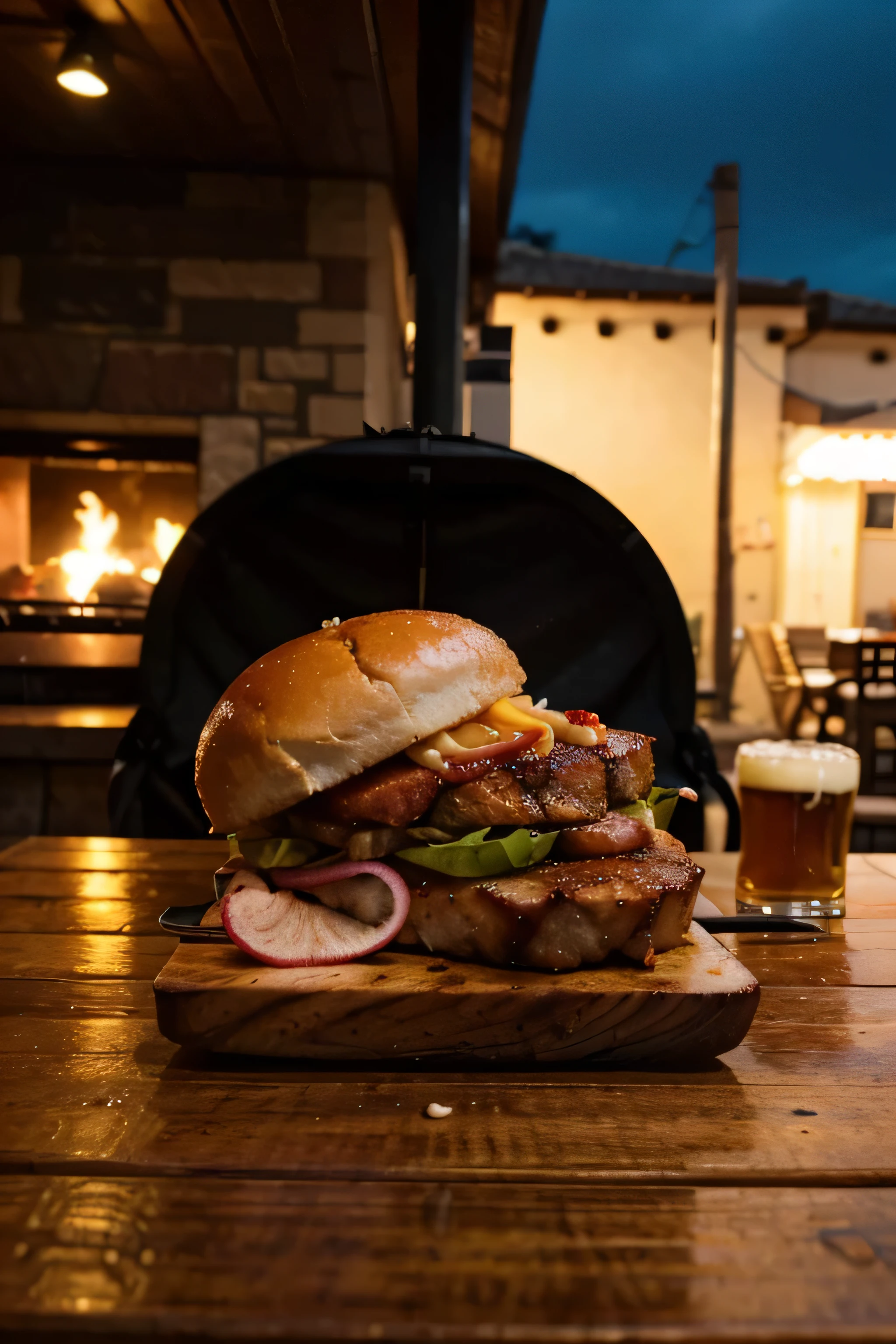 A juicy barbecue meat with grill marks on a wooden cutting board with a stupidly cold beer next to it, saboroso, foto promocional, detalhes intrincados, HDR, cinematographic, Adobe Lightroom, altamente detalhado