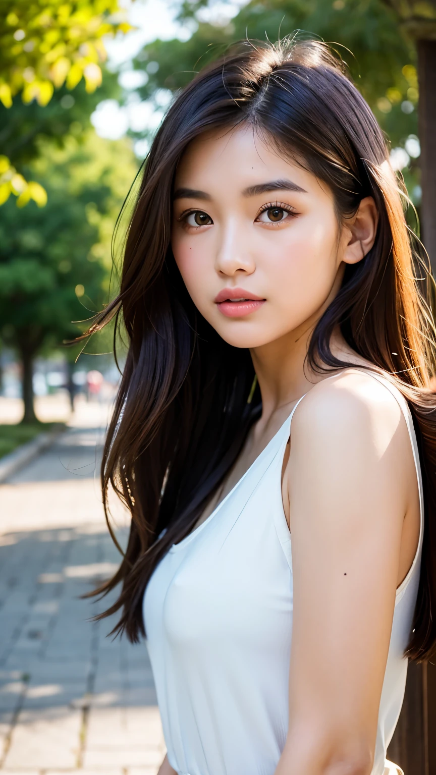 A photorealistic portrait of a 21-year-old asian girl with dark bobbed hair, perfect face, brown eyes, cute, beautiful, perfect jawline, detailed traits, thin nose, highly detailed. She should have a natural, approachable expression and be illuminated by soft, golden-hour sunlight. The background should be a scenic outdoor setting, perhaps a sunlit park or beach. Capture this image with a high-resolution photograph using an 85mm lens for a flattering perspective.