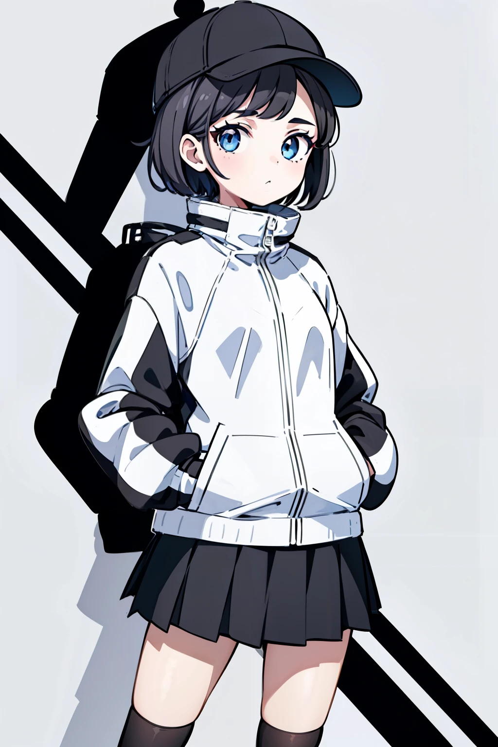 1girl, solo, blue eyes, (detailed eyes), flat chest, ((short hair)), black hair, (baseball hat), white cap, ((waterproof jacket)), (white jacket), skirt, black skirt, black socks, standing, (hands in pockets), (Closed sweater), upper body, white background, Transparent background, looking at viewe, ((masterpiece, illustration, best quality))