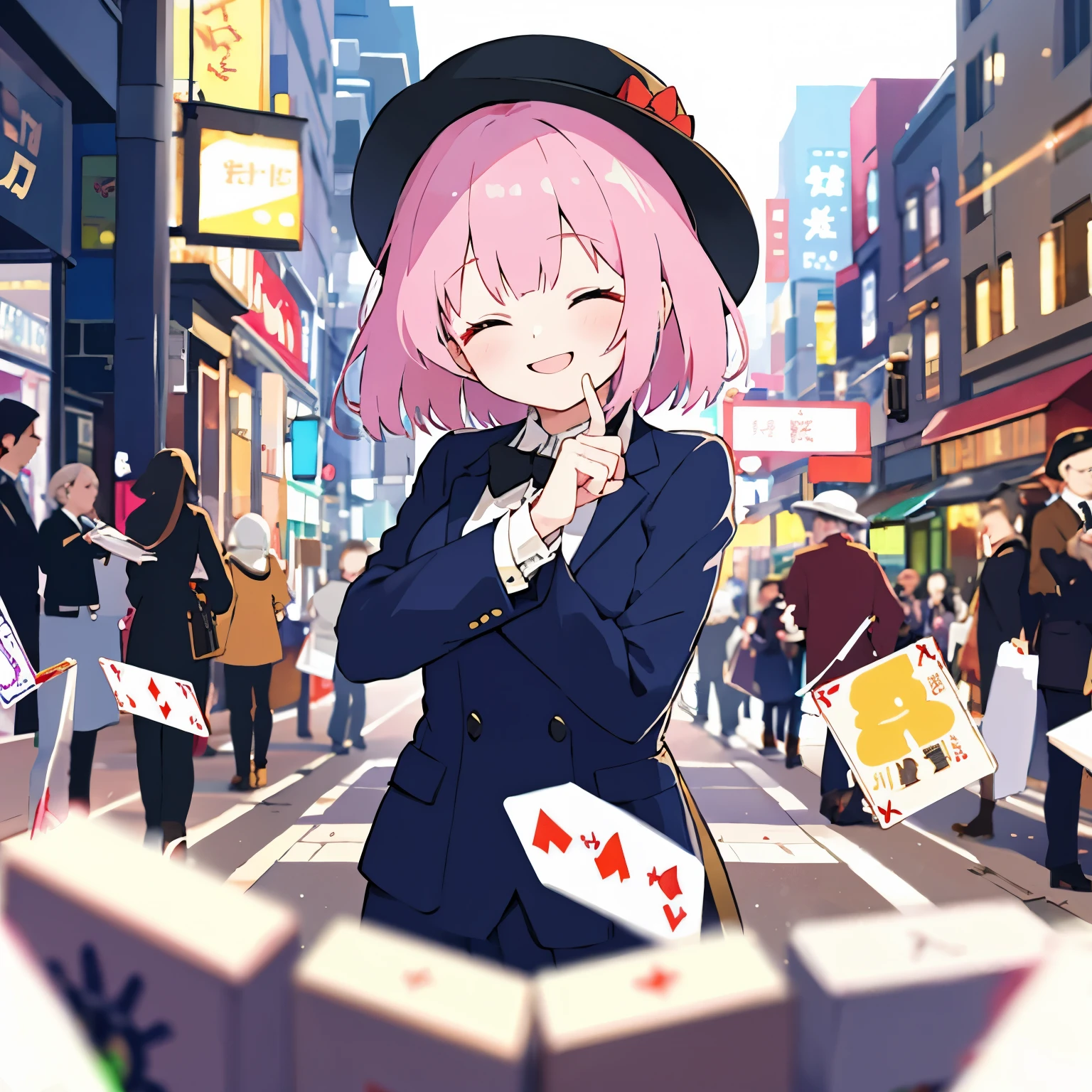 Girl doing card magic on the street、Tuxedo、silk hat、Stronger blur、multiple exposure、smile
