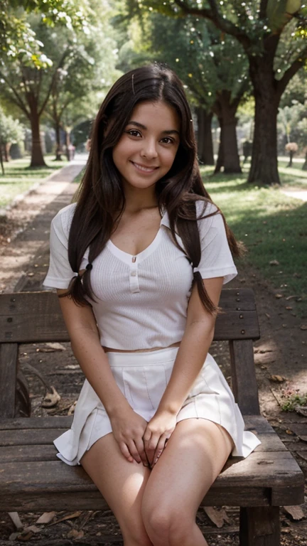 Little girl 20 year old, usa woman, complexion robusta, piel morena oscuro, hair straightened, luz natural, sonrisa timida, posa en un parque con árboles y bello campo verde, uniform school, falda escolar, Sitting showing her underwear under her white skirt