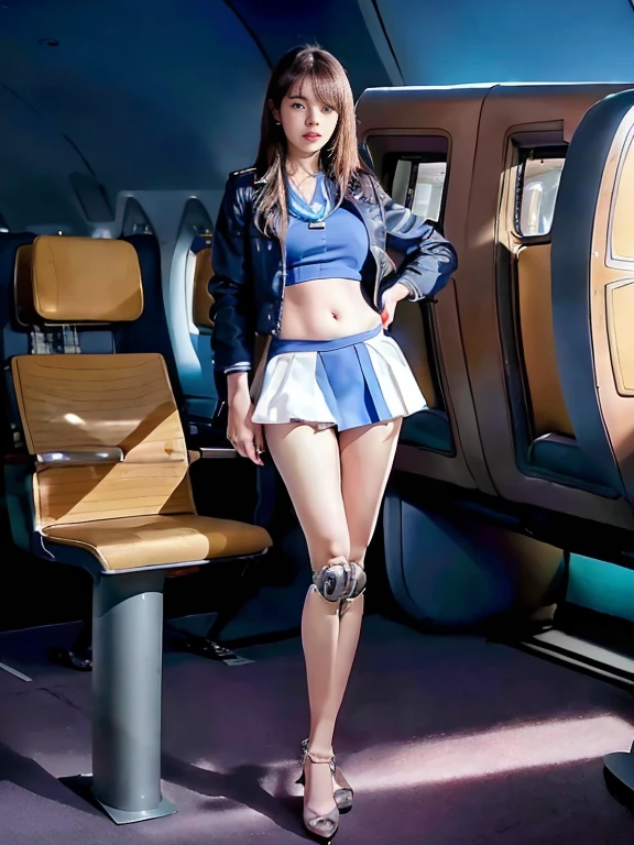 ((table top, highest quality)), Beautiful 20 year old Japan woman (chloe grace moretz:jovovich miles:0.5), (brown hair, bob hairstyle, square face), (medium breasts), (curve, muscular body), (natural skin), foot, (dark blue stewardess uniform jacket:1.3), (((((High leg)))))), (((((humanoid))))) dynamic, model pose, (((((airplane cabin background))))), (nffsw, 8k wallpaper, High resolution), cinematic lighting, Physically based rendering, award-winning, highly detailed skin, highly detailed face, high detail eyes, Carl Zeiss 85mm F/1.4, ellen von unwerth、(((((between legs)))))、(((((between legs)))))、(((((High legのビキニ)))))、(((((navel)))))、(((((Full body female robot)))))