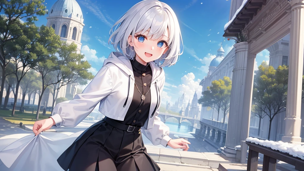 super high quality, with a girl, 20-year-old, とてもshort hair, long bangs between the eyes, pale blue eyes , blue sky, sunlight, very detailed,(masterpiece、highest quality)、alone、gray hair、laughter、White skin as clear as snow、fantasy, silver hair, black eye, beautiful eyes,, ecstasy, charm, be smitten with audience, short hair、fantasyな風景、white hoodie、black skirt