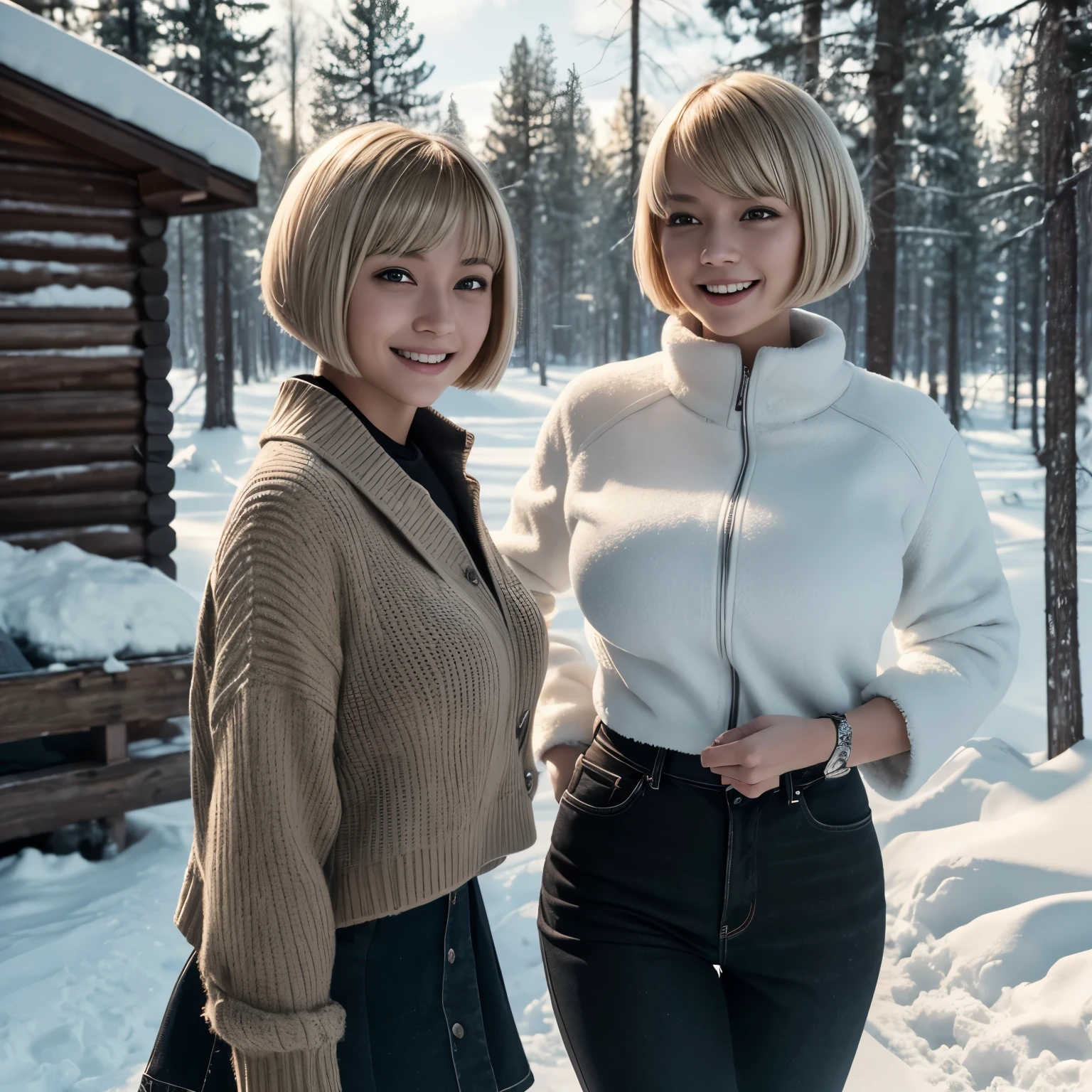 Two girls in a cabin in the woods loading suitcases into car, dressed in winter clothes, laughing, having a snowball_fight, (Isabel Merced, blond, bob_cut hair),(Isabel Merced, black hair, bob_cut hair), (skin texture:1.1), (high detail face:1.1), full bodyshot, high detail body, high detail clothes, (big breasts:1.3),(masterpiece), (realistic), ultra high definition, 4k, ultra high resolution, film grain, cinematic lighting, rim lighting, photo by Arny Freytag, RAW image