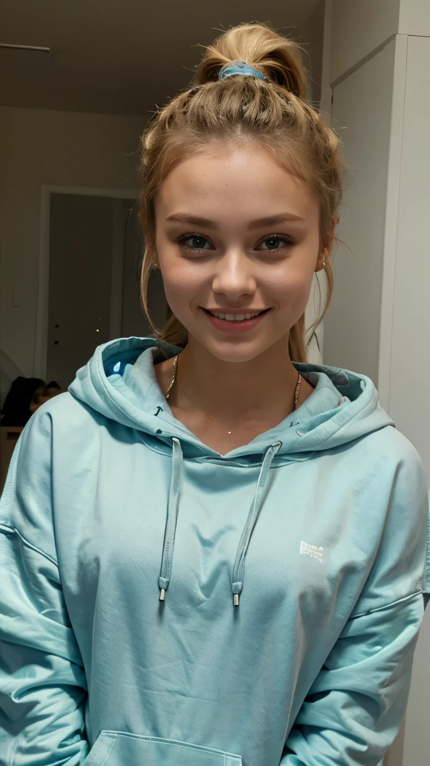 Zara Larsson, oversized hoodie, smiling, ponytail