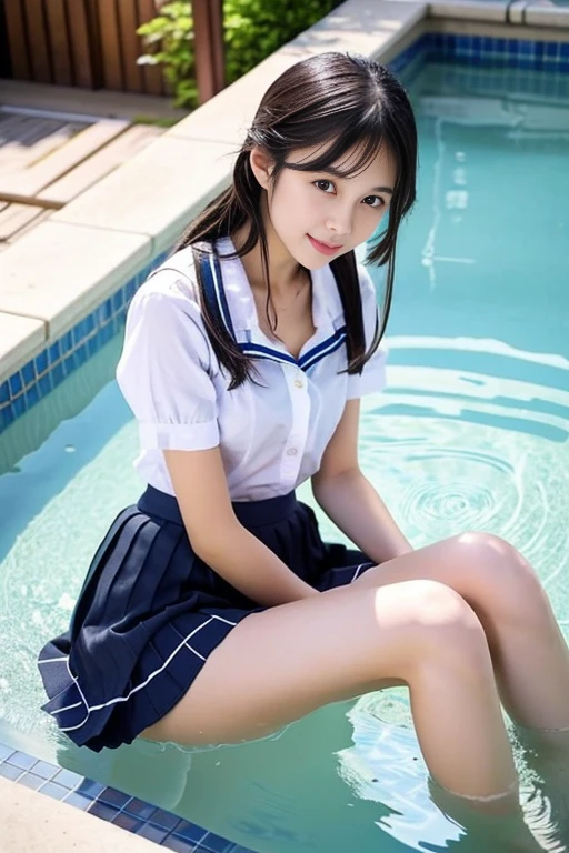 ((highest quality)), ((masterpiece)), 18 year old real Japanese beautiful schoolgirl、beautiful thigheautiful little cleavage、Mini skirt 40cm above the knee、Wet bare skin、open-air bath、bathing、front horizontal angle、Bring your chest together