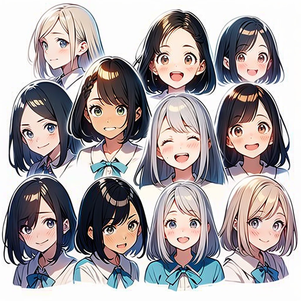 all kinds of expressions, happy, sad, angry, expectant laughter, disappointed1, cute eyes, white background, illustration-nii 5-style cute, emoji as illustration set, different hair styles lineup,