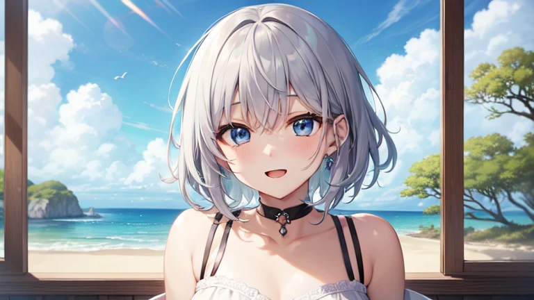 super high quality, with a girl, 20-year-old, とてもshort hair, long bangs between the eyes, pale blue eyes , blue sky, sunlight, very detailed,(masterpiece、highest quality)、alone、gray hair、laughter、White skin as clear as snow、fantasy, silver hair, black eye, beautiful eyes,, ecstasy, charm, be smitten with audience, short hair、fantasyな風景,seaside