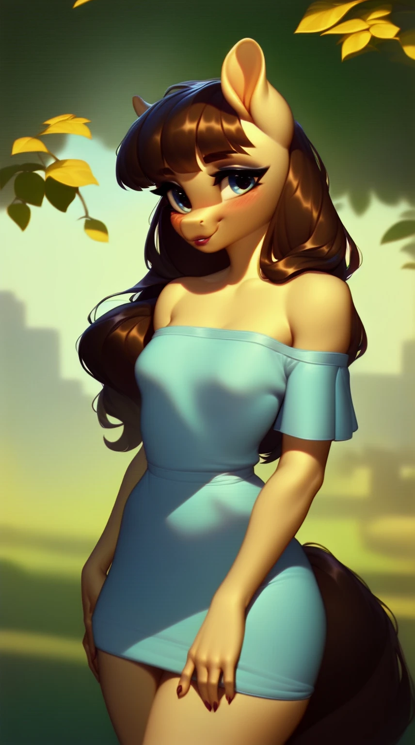 (score_9), (source_ derpibooru_p_95), (earth pony), ((anthro :1.1)), (shoulderless sweater dress), blushing, solo, realistic long hair, bangs, anatomically correct, flat chest, curvy figure, high res, pink bottom lip, extremely detailed, absolutely stunning, teenager, freckles, skinny waist, makeup, banquet hall, waist bow, amazing hips, hair tie, tight clothing,