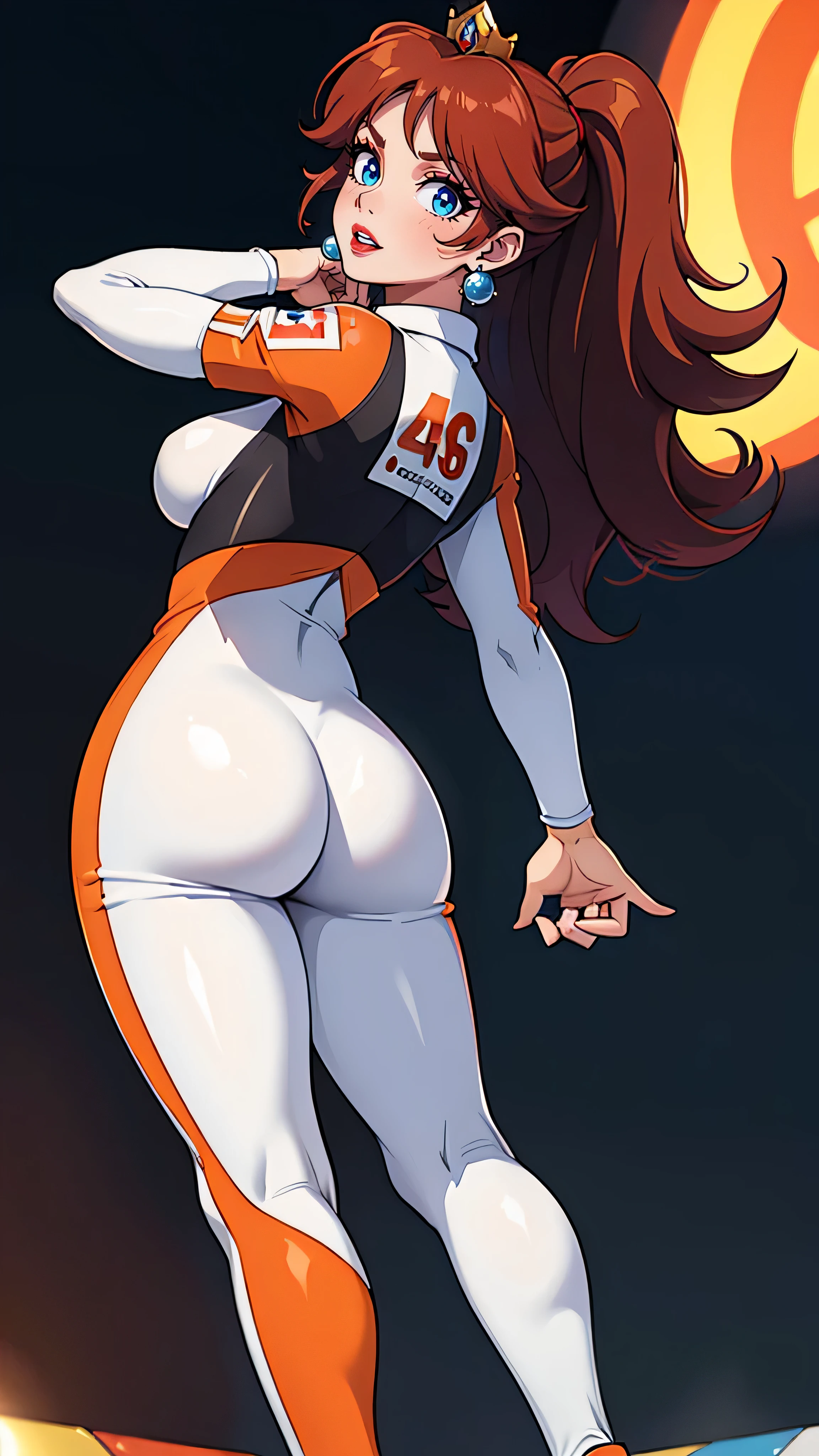 ((high detailed, best quality, 4k, masterpiece, hd:1.3)), (Mario_Kart_speedway), Princess Daisy posing, Daisy_SM, (BREAK neon blue eyes), (neon blue eyes), seductive, attractive, sexy smile, smiling, big smile, smooth anime cg art, 36C breasts, long legs, vivid colors, detailed digital art, slim body, perfect skin, dark red hair, long red hair, dark hair, red hair, BREAK crown, looking at viewer, BREAK looking at viewer, extremely detailed face, (orange and white jumpsuit), (Jumpsuit:1.5), (orange and white racing suit), (racing suit:1.5), (high heels), full body, earrings, gem, dark black makeup lips, dark gothic eyeshadows, dark eyeshadows, black eyeshadows, black sexy lips, red lips, dark red lips, very dark red lips, detailed lips, detailed red lips, red painted lips, gothic painted lips, (thin_lips), (very thin lips), dark gothic eyeshadows, dark eyeshadows, black eyeshadows, (perfect hands, perfect anatomy), black makeup, detailed fingers, five fingers per hand, 5 fingers, (1 girl), detailed lips, (breasts out:1.3), BREAK night, (with your back turned:1.5, looking back pose), (looking back), (from below:1.3), (hands behind head:1.3),