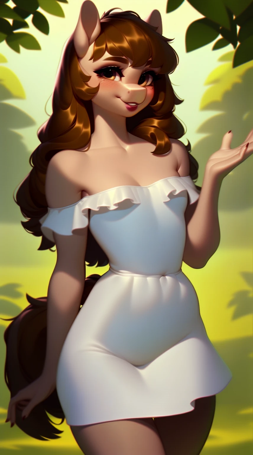 (score_9), (source_ derpibooru_p_95), (earth pony), ((anthro oc pony:1.1)), (shoulderless sun dress), very cute, blushing, cute smile, solo, realistic long brown hair, bangs, anatomically correct, flat chest, solo, curvy figure, high res, bottom lip, extremely detailed, teenager,