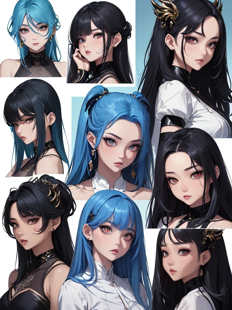 ((Masterpiece)),(((best quality))),(character design sheet, Same character...., front, side), beautiful girl,blue hair, albio, conjunctivitis, long hair, annoying, ใบfrontเท่านั้น, Separate from each other...., to, equilibrium, decorations, sharp teeth, shout, sparkling eyes, Highly detailed, ((4 expressions)), Jungle Theme, ((ตกสะเก็ดบนใบfront, glossy lips, shiny skin, (((มีสี่frontเท่านั้น))), (((References only four)))