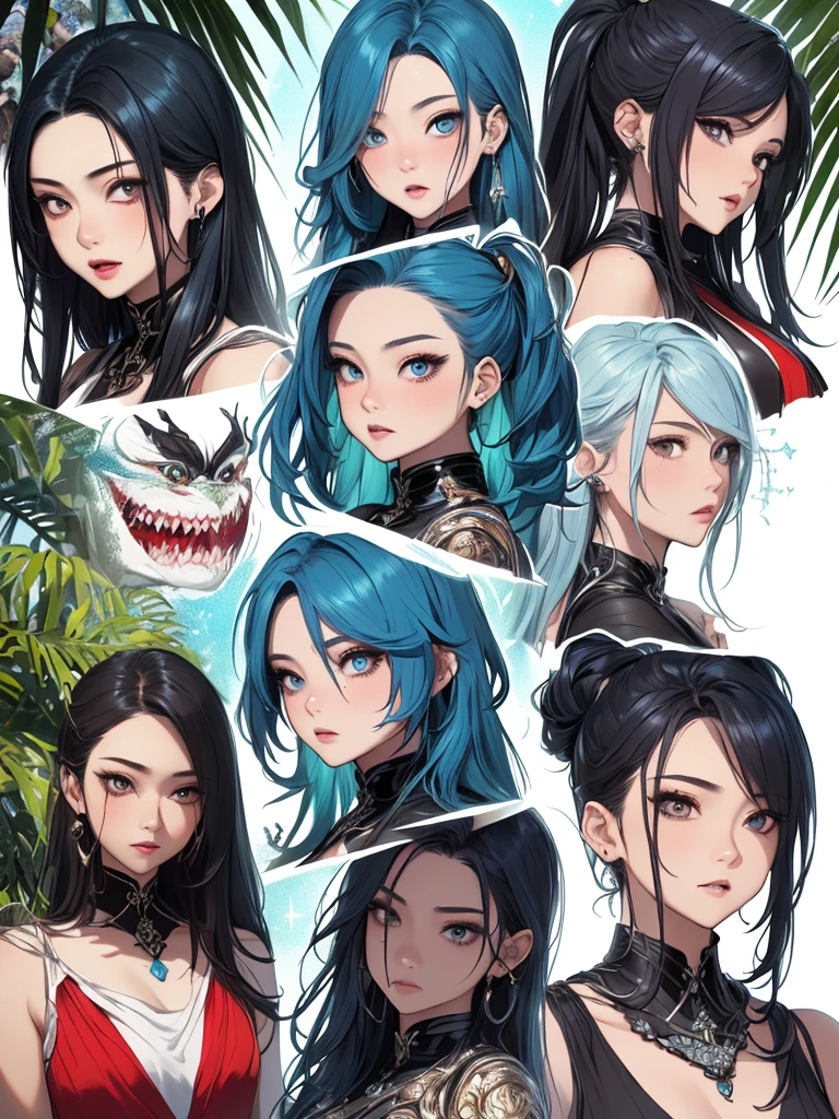 ((Masterpiece)),(((best quality))),(character design sheet, Same character...., front, side), beautiful girl,blue hair, albio, conjunctivitis, long hair, annoying, ใบfrontเท่านั้น, Separate from each other...., to, equilibrium, decorations, sharp teeth, shout, sparkling eyes, Highly detailed, ((4 expressions)), Jungle Theme, ((ตกสะเก็ดบนใบfront, glossy lips, shiny skin, (((มีสี่frontเท่านั้น))), (((References only four)))