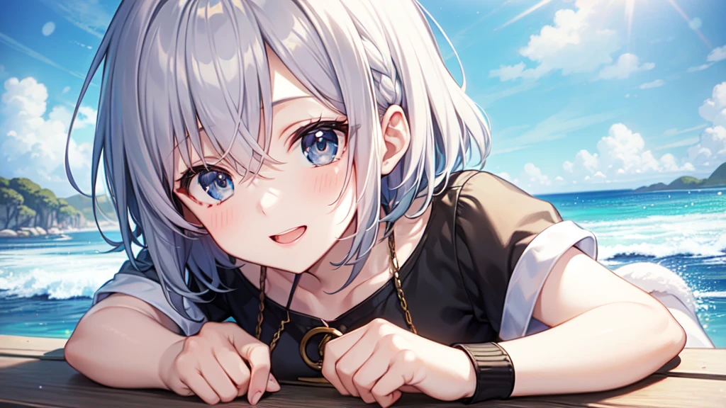 super high quality, with a girl, 20-year-old, とてもshort hair, long bangs between the eyes, pale blue eyes , blue sky, sunlight, very detailed,(masterpiece、highest quality)、alone、gray hair、laughter、White skin as clear as snow、fantasy, silver hair, black eye, beautiful eyes,, ecstasy, charm, be smitten with audience, short hair、fantasyな風景,seaside