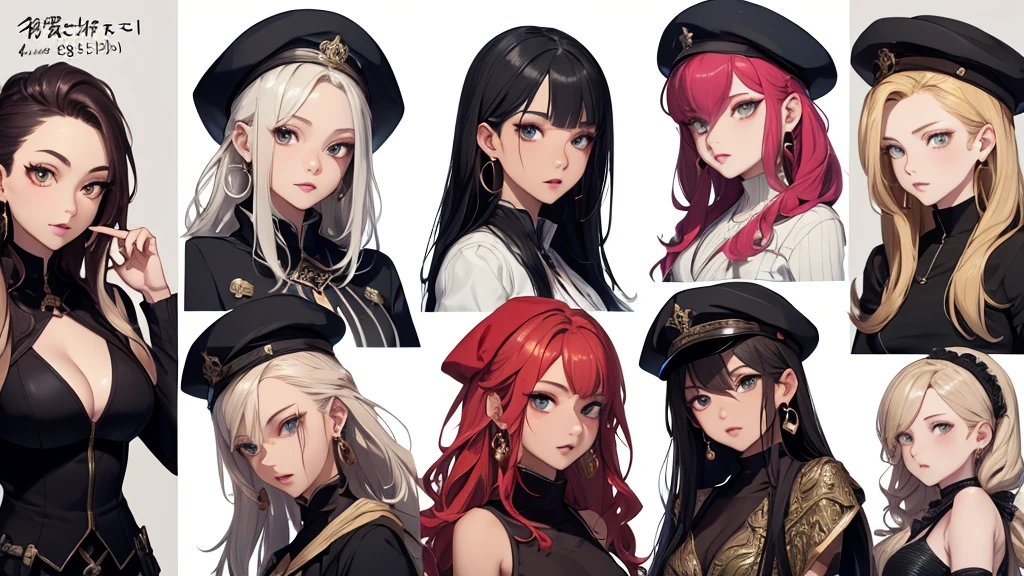 ((Masterpiece)),(((best quality))),(character design sheet, Same character...., front, side), beautiful girl,The results of hair coloring are clear.、Qi Bang、shawl long hair、beret hat、eyeole, fluid under the nipple、put on makeup、Ring Earrings、Cinema-grade lighting、Drawing of standing characters from many angles.、Variations of anime、Highly detailed、High quality。 --automatic, Separate from each other...., to, equilibrium, decorate, Sharp teeth, shout, sparkling eyes, มีHighly detailed, ((4 expressions)), Jungle Theme, ((ตกสะเก็ดบนใบfront, glossy lips, Shiny skin, (((มีสี่frontเท่านั้น))), (((References only four)))