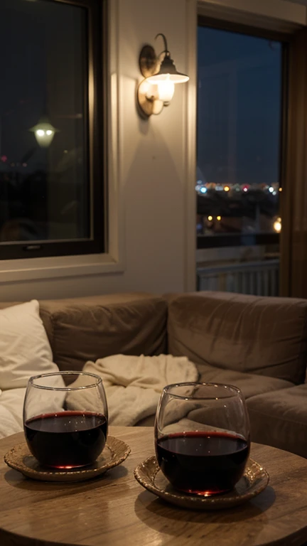 three wine glasses, living room, night time, lisbon, warm, cozy, nice room