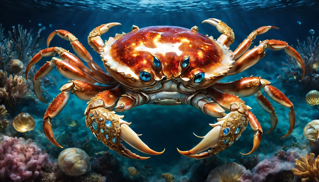 Hyperrealistic close-up of a giant crab made of crystal clear flowing water, shell encrusted with sparkling diamonds in an elaborate pattern. Its eyes are deeply pigmented nebulae and paws lined with filigrees of pearls and gold., terminando em garras afiadas como rubis. It emerges majestically from the ocean depths, the waters around you teeming with aquatic life that pays reverence.