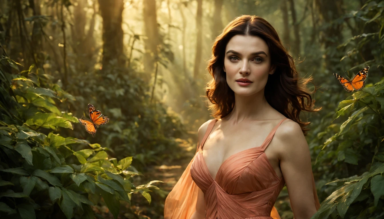 There is a beautiful girl "Rachel Weisz", with a long, detailed Salmon dress, em uma pequena cidade em uma noite chuvosa, no jardim de uma casa, public lighting pole, cor, um pouco de musgo, Casa sombreada em uma floresta em tempo tempestuoso, Cerejeiras, flor, ao lado de um riacho tranquilo,(lush vegetation,folhagem abundante,musgo espesso),(vaga-lumes cintilantes,Dancing butterflies,sussurrando atmosfera misteriosa e arborizada,ethereal ambiance), Fotografia macro de Miki Asai, fechar-se, hiper detalhado, trends on artstation, sharp focus, studio photo, detalhes intrincados, altamente detalhado, por Greg Rutkowski