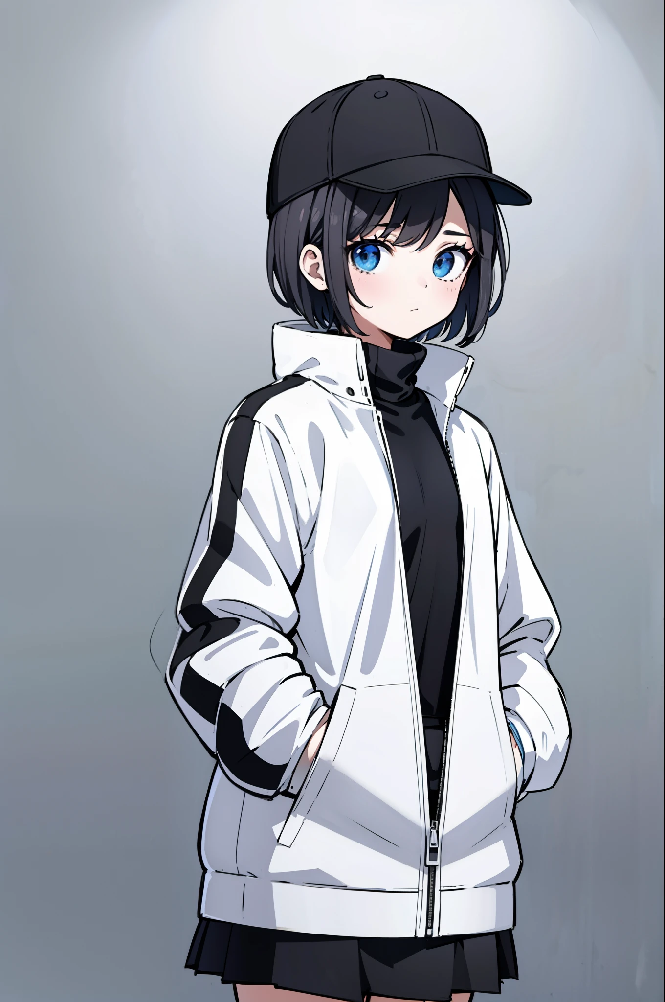 1girl, solo, blue eyes, (detailed eyes), flat chest, ((short hair)), black hair, (baseball hat), white cap, (waterproof jacket), (white jacket), skirt, black skirt, black socks, standing, (hands in pockets), (Closed sweater), upper body, (white background), Transparent background, looking at viewe, ((masterpiece, illustration, best quality)) 