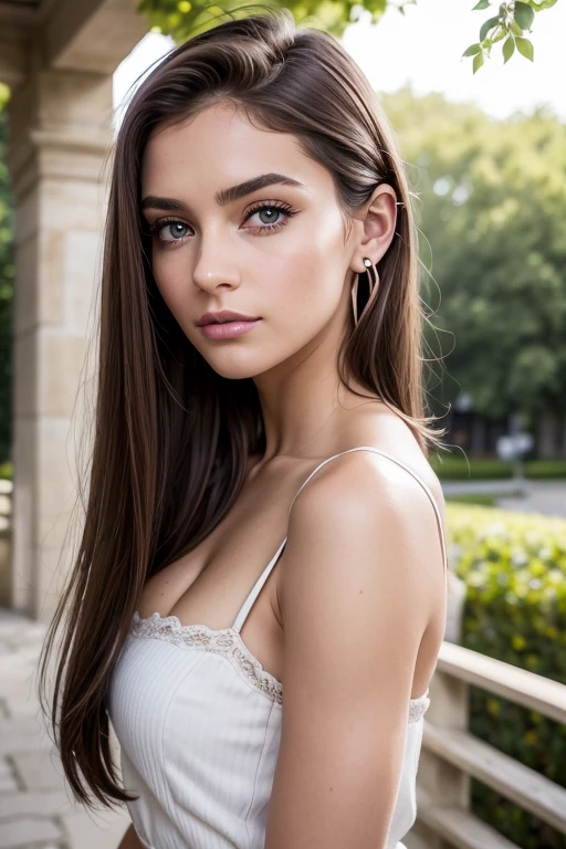 Belle fille, Marron_eyeeautiful mince adolescente de 18 ans, cheveux color [Brown highlights cheveux], [Pixie undercut] cheveux)), boucles d’oreilles, lèvres, Réaliste, taille étroite, charmant, pink lèvrestick, maquillage coloré, Cils longs, boucles d’oreilles, porter de l’eye-liner, peau claire, (mignon), (face détaillée), Yeux détaillés, Iris détaillé, corp magnifique, avec des amis, inconnu dans un parc