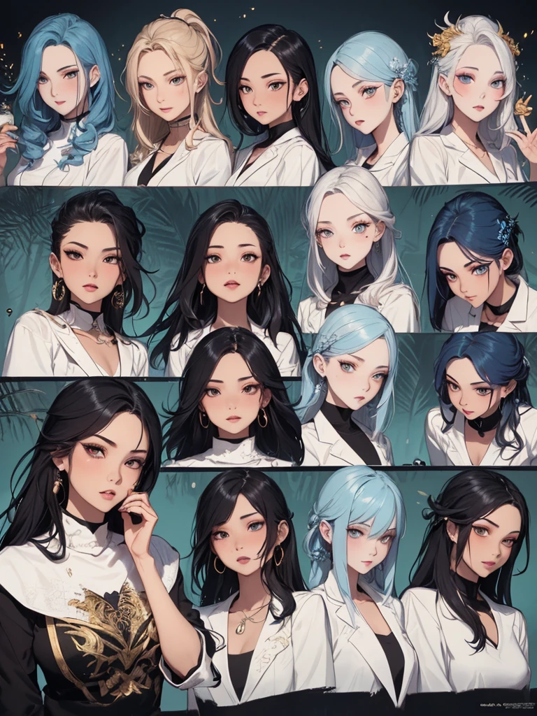 ((Masterpiece)),(((best quality))),(character design sheet, Same character...., front, side), beautiful girl,blue hair, albio, conjunctivitis, long hair, annoying, ใบfrontเท่านั้น, Separate from each other...., to, equilibrium, decorations, sharp teeth, shout, sparkling eyes, Highly detailed, ((4 expressions)), Jungle Theme, ((ตกสะเก็ดบนใบfront, glossy lips, shiny skin, (((มีสี่frontเท่านั้น))), (((References only four)))