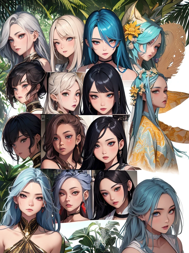 ((Masterpiece)),(((best quality))),(character design sheet, Same character...., front, side), beautiful girl,blue hair, albio, conjunctivitis, long hair, annoying, ใบfrontเท่านั้น, Separate from each other...., to, equilibrium, decorations, sharp teeth, shout, sparkling eyes, Highly detailed, ((4 expressions)), Jungle Theme, ((ตกสะเก็ดบนใบfront, glossy lips, shiny skin, (((มีสี่frontเท่านั้น))), (((References only four)))