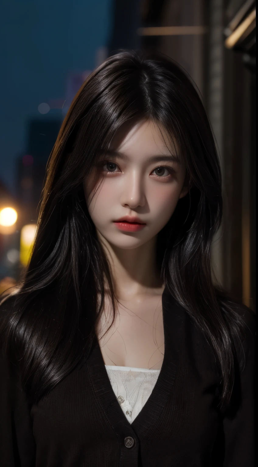 ((realistic lighting, highest quality, 8K, masterpiece: 1.3)), clear focus: 1.2, 1 girl, , ((dark brown hair, big: 1.3)), (hasten: 1.4), (outdoor, night: 1.1), Street style, super slender face, fine eyes, double eyelid,Always face forward、 Slightly smiling, incredibly absurd, messy hair, floating hair,