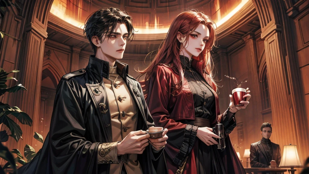 "Develop a high-resolution digital image depicting a contemporary vampire dressed in modern clothes and a burgundy overcoat, standing out against a backdrop that features historic buildings around her. The vampire must have scarlet eyes and an enigmatic smile, while holding a cup that is being filled with blood, forming a dynamic scene with drops of blood flying around it. The environment includes an open ceiling that reveals a blood moon in the sky, contributing to the mysterious and seductive atmosphere of the composition."