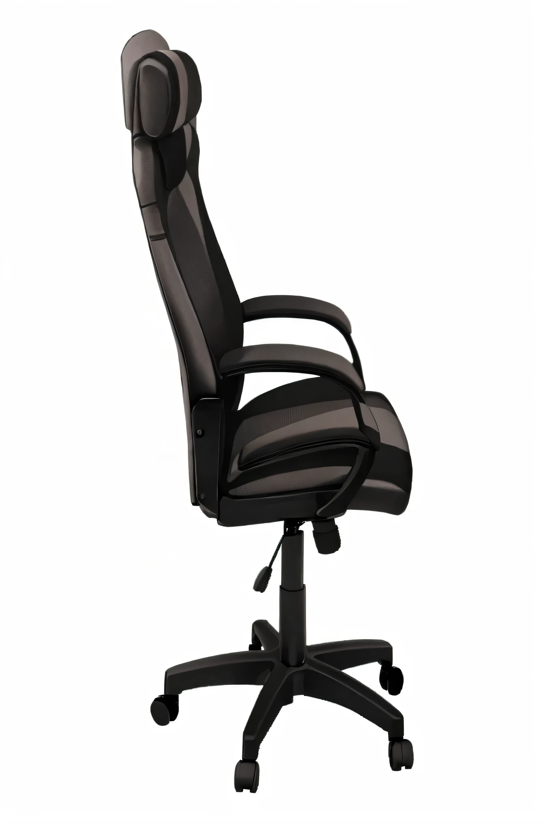 Close up of a black office chair with black leather seat, side view, side view, side view, Side profile view, 3/4 side view, side view profile, side angle, Right side profile, Gaming Chair, full lenght view, side view спереди, top - side view, above side view, right angled view, angled view, features