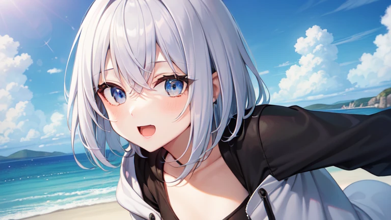 super high quality, with a girl, 20-year-old, とてもshort hair, long bangs between the eyes, pale blue eyes , blue sky, sunlight, very detailed,(masterpiece、highest quality)、alone、gray hair、laughter、White skin as clear as snow、fantasy, silver hair, black eye, beautiful eyes,, ecstasy, charm, be smitten with audience, short hair、fantasyな風景,seaside、white hoodie、Hoodie with open front、black shirt