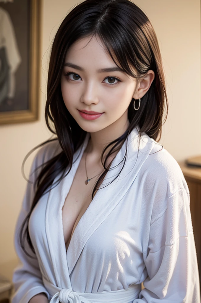 8K, Master piece, Raw photo, Best quality, Photorealistic, Highly detailed CG Unity 8K wallpaper, Depth of field, Cinematic light, Lens flare, Ray trace, (Extremely beautiful face, Beautiful lips) , Beautiful eyes), Intricate detail face, ((Super detailed skin)) 1 girl, Dark back, Deep shadow, Cute girl, 1 girl child, (Very slim and slender fit, beautiful body: 1.3 ), ((Looking at viewer)), (Big smile: 1.3), (Bedroom, (Blurred background), , (No people in the background: 1.3), Beautiful earrings, Bracelet, necklace, pantyhose, make eyes clear, (pale skin), (big eye ace forward, after bathing ((bathrobe: 1.3)), (brown hair), (see through), (looking at Viewer:1.3) No underwear, very slim, , medium chest, (see-through),((laced ups and downs)), naked top