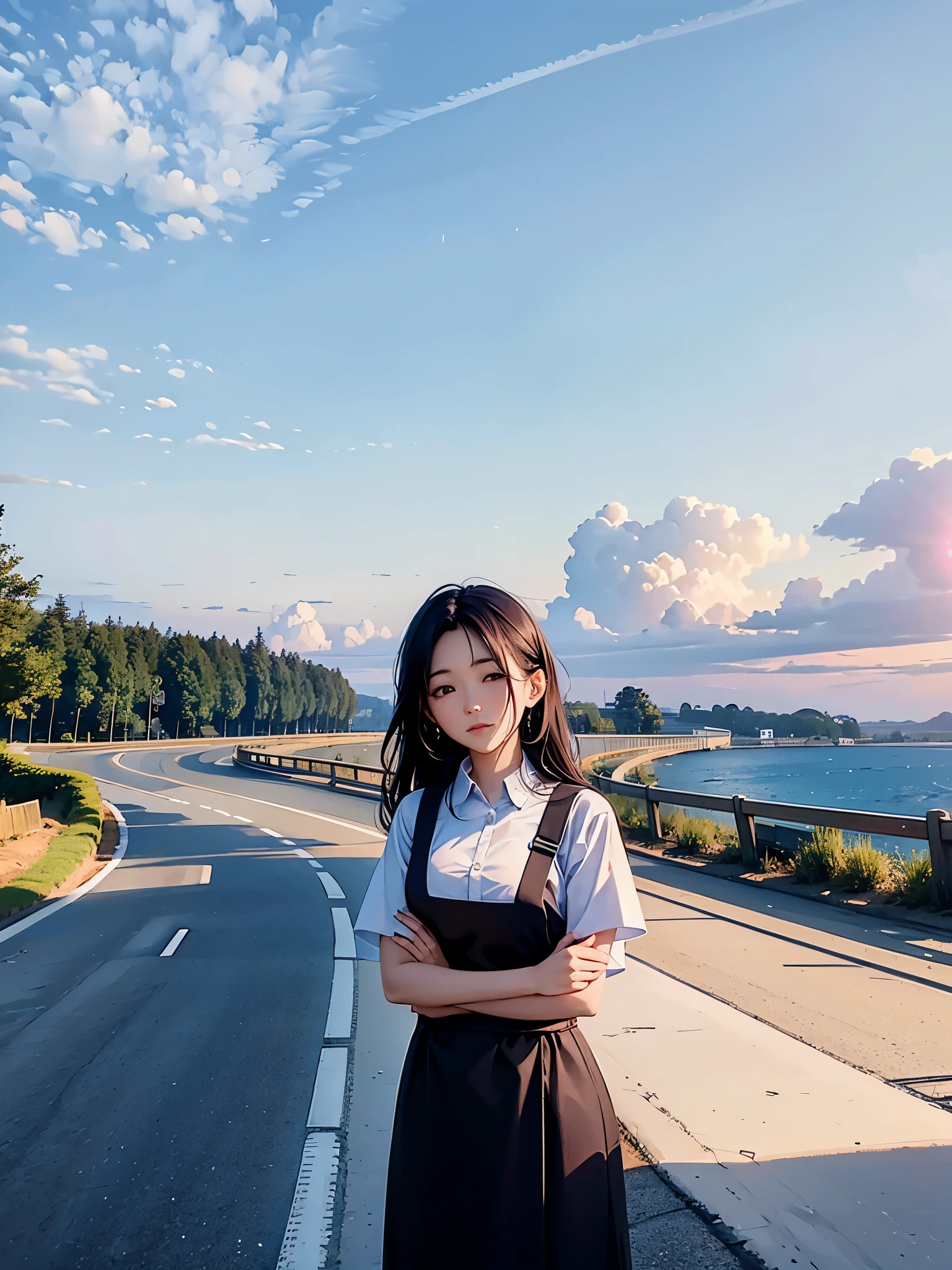 woman standing next to a car on a road with a sky background,  my linh, with sunset, mai anh tran, nivanh chanthara, hoang long ly, on a road, low quality, leaked image, driving, low perspective, from 8 k matte, 2 8 years old, taken in 2 0 2 0