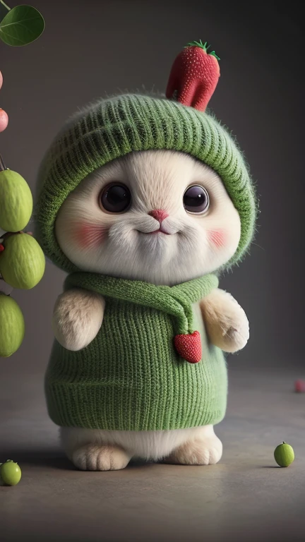 (obra de arte, premiado, melhor qualidade, high resolution) 3D illustration, 1 coelho peludo bonito, usando uma roupa, deitado em um leito de frutas suculentas e maduras, cercado por um colorido jardim de frutas.