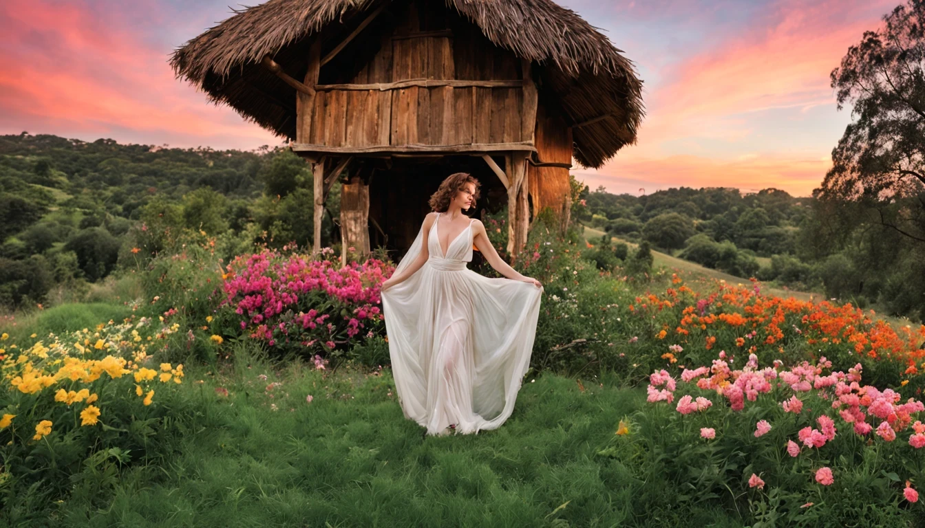 There is a beautiful girl "Milla Jovovich", com um vestido Branco longo e detalhado, in a scenario. mundo de fantasia encantador. Montanhas majestosas se erguem ao fundo, enquadrando um vale verdejante e sereno. Uma casa de campo pitoresca aparece em primeiro plano, with its rustic wooden structure and thatched roof, perfeitamente integrado no campo. O riacho cristalino que serpenteia perto da casa emite um som reconfortante, enquanto as cores suaves da natureza pintam uma paleta serena ao redor. Butterflies and bees dance in the small flower garden. The sunset paints the sky with shades of orange and pink, Creating a magical spectacle on the horizon.