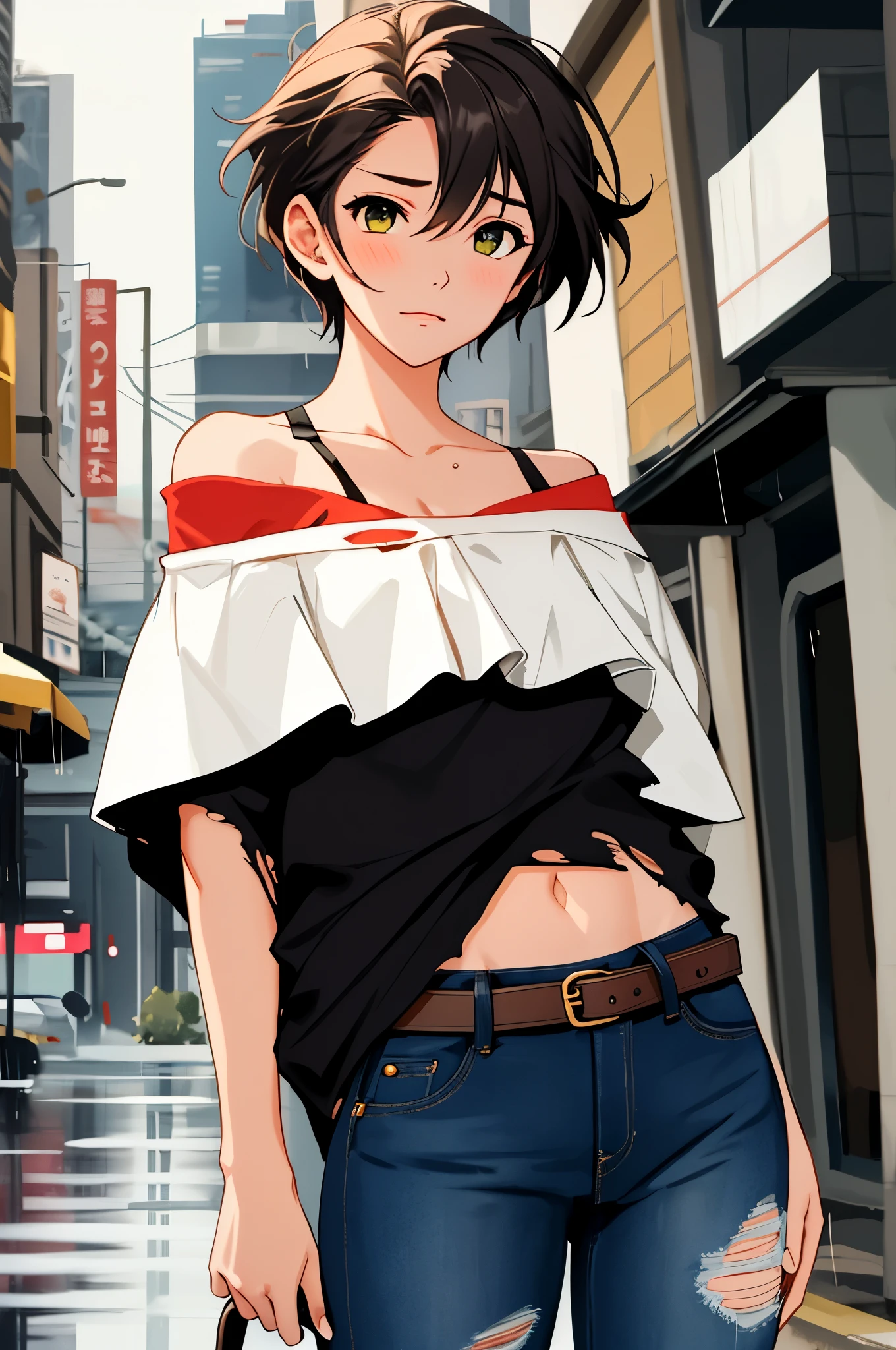 Hoshizora rin, Best Quality,(beauty), 1girl,phisically-based render ,ultra highres,(cowboy shot:1.5),narrow waist, skinny, big eyes,long legs,torn jeans,leather belt,small breasts,puffy eyes, leather belt,(rainy city), shiny skin, facing viewer, Victory posture,(midriff:0.7), sweating, flying sweat drops,torn top,off shoulder,(torn clothes:1.3)