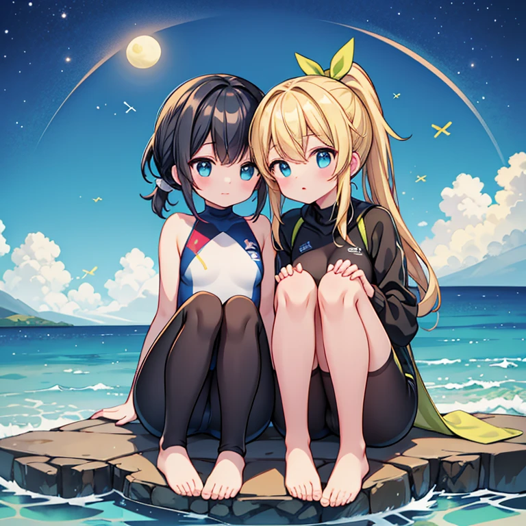 On the southern island,night,Two girls,1st person(wearing a green wetsuit,blue eyes,black hair ponytail,Thighs,barefoot,Lemon Pack),2nd person(blonde hair,wearing a green wetsuit,Lemon Pack,yellow bandana on head,Thighs,barefoot),make love,moon,starry sky,Bamboo grows,Ocean,hold hands,stump,heart,