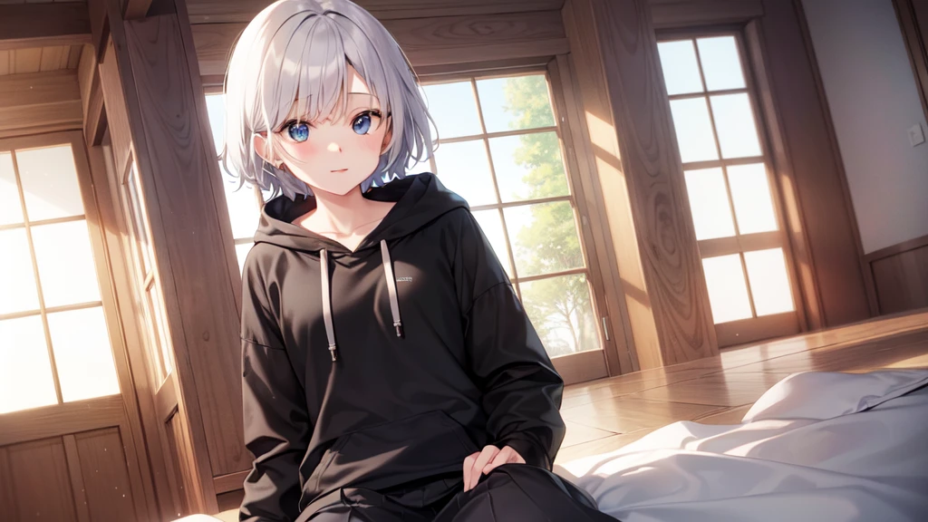 super high quality, with a girl, 20-year-old, とてもshort hair, long bangs between the eyes, pale blue eyes , blue sky, sunlight, very detailed,(masterpiece、highest quality)、alone、gray hair、laughter、White skin as clear as snow、fantasy, silver hair, black eye, beautiful eyes,, ecstasy, charm, be smitten with audience, short hair、fantasyな風景、white hoodie、Hoodie with open front、black shirt、black skirt