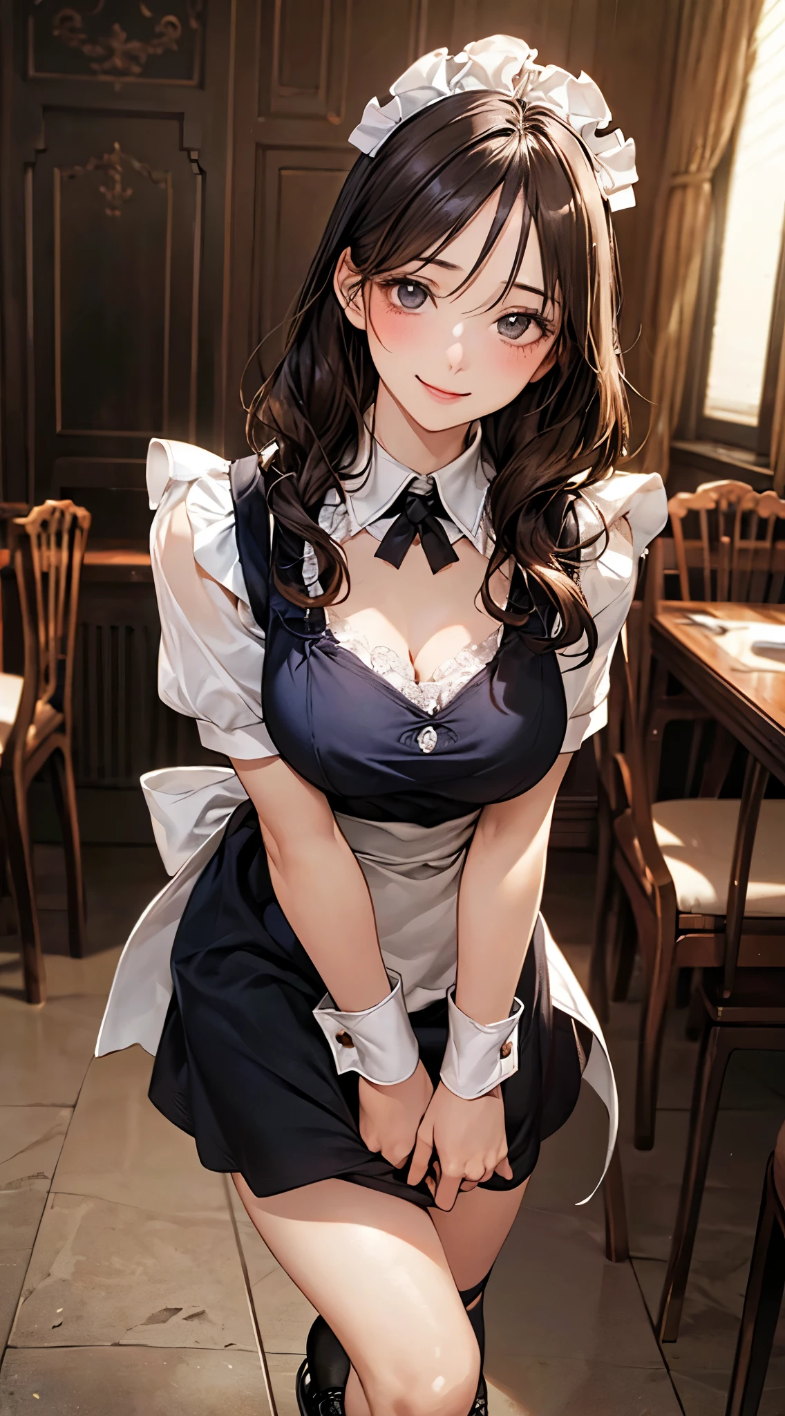 (masterpiece:1.2, top-quality), (realistic, photorealistic:1.4), beautiful illustration, (natural side lighting, movie lighting),
looking at viewer, cowboy shot, front view:0.6, 1 girl, japanese, maid, perfect face, cute and symmetrical face, shiny skin,
(long hair:1.8, wavy hair:1.6, black hair), asymmetrical bangs, grey eyes, long eyelasher, (large breasts:0.9, thick thighs),
beautiful hair, beautiful face, beautiful detailed eyes, beautiful clavicle, beautiful body, beautiful chest, beautiful thigh, beautiful legs, beautiful fingers,
(({maid dress | pinafore dress}, maid headdress, maid shoes, laced formal socks)), white panties,
(beautiful scenery), {day|night}, {kitchen room | dining room | living room}, standing, {hands on chest | hands between legs}, (lovely smile, upper eyes),