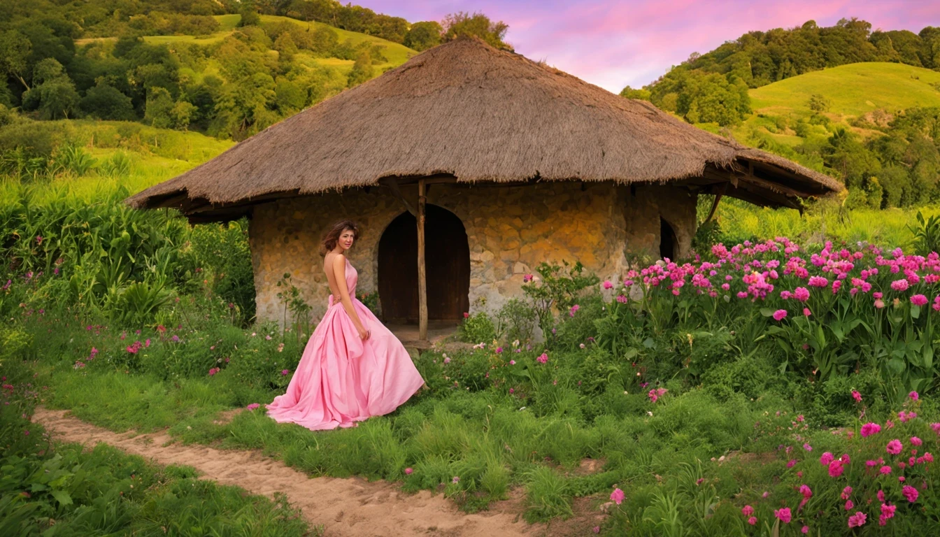 There is a beautiful girl "milha Jovovich", com um longo, lime green detailed dress, in a scenario. mundo de fantasia encantador. Montanhas majestosas se erguem ao fundo, enquadrando um vale verdejante e sereno. Uma casa de campo pitoresca aparece em primeiro plano, with its rustic wooden structure and thatched roof, perfeitamente integrado no campo. O riacho cristalino que serpenteia perto da casa emite um som reconfortante, enquanto as cores suaves da natureza pintam uma paleta serena ao redor. Butterflies and bees dance in the small flower garden. The sunset paints the sky with shades of orange and pink, Creating a magical spectacle on the horizon.
