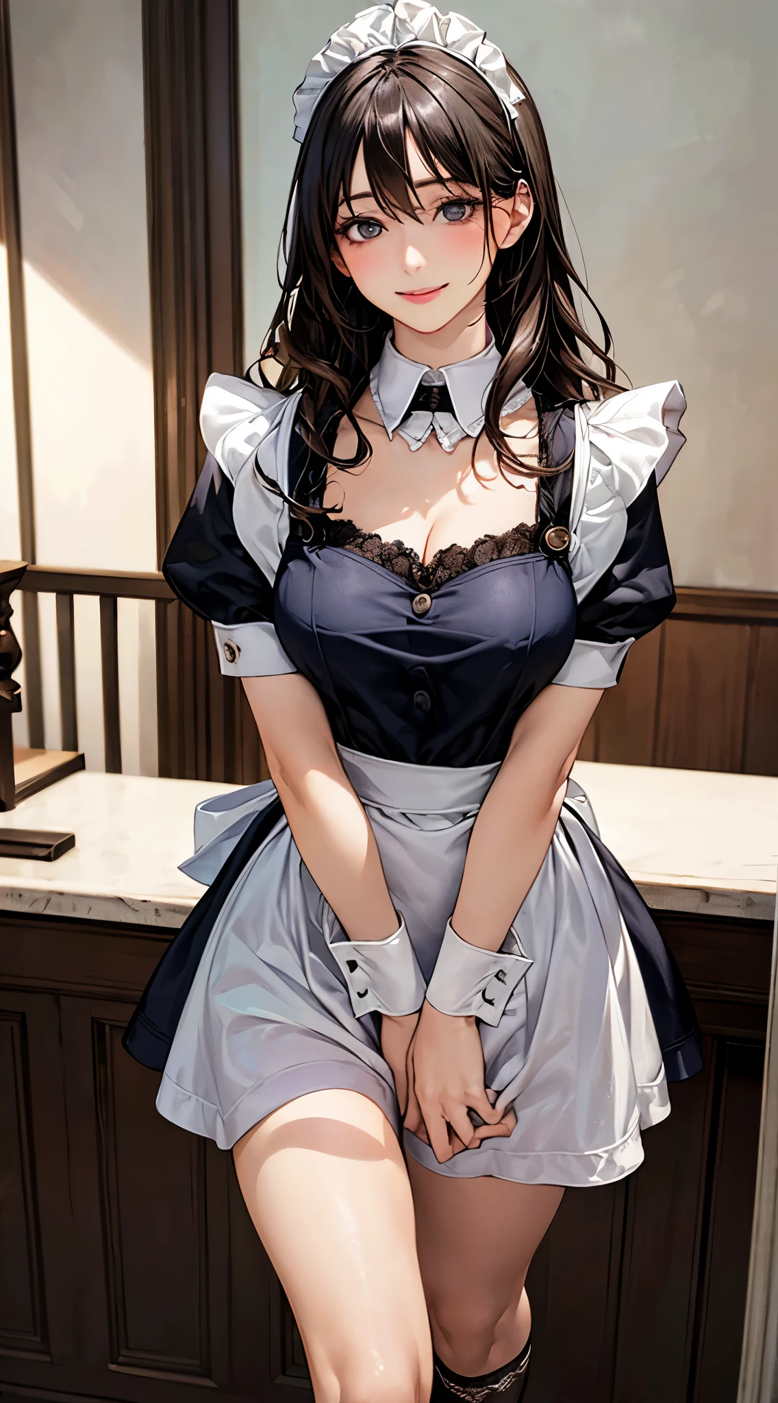 (masterpiece:1.2, highest quality), (realistic, photorealistic:1.4), beautiful illustrations、Bow tie staring at the audience,Front view, (((Maid clothes,topless:1.8, nipples,black stockings))) 20-year-old、perfect face, Cute symmetrical face, shiny skin,random hairstyle、Big eyes, droopy eyes, long eyelashes、beautiful thighs、Tall and beautiful hair, beautiful face, fine and beautiful eyes, beautiful clavicle, beautiful body, beautiful breasts, beautiful thighs, beautiful feet, beautiful fingers, ((fine fabric texture)), (beautiful scenery),(Mansion Background), Are standing, (smile), (((skirt, panties are visible)))