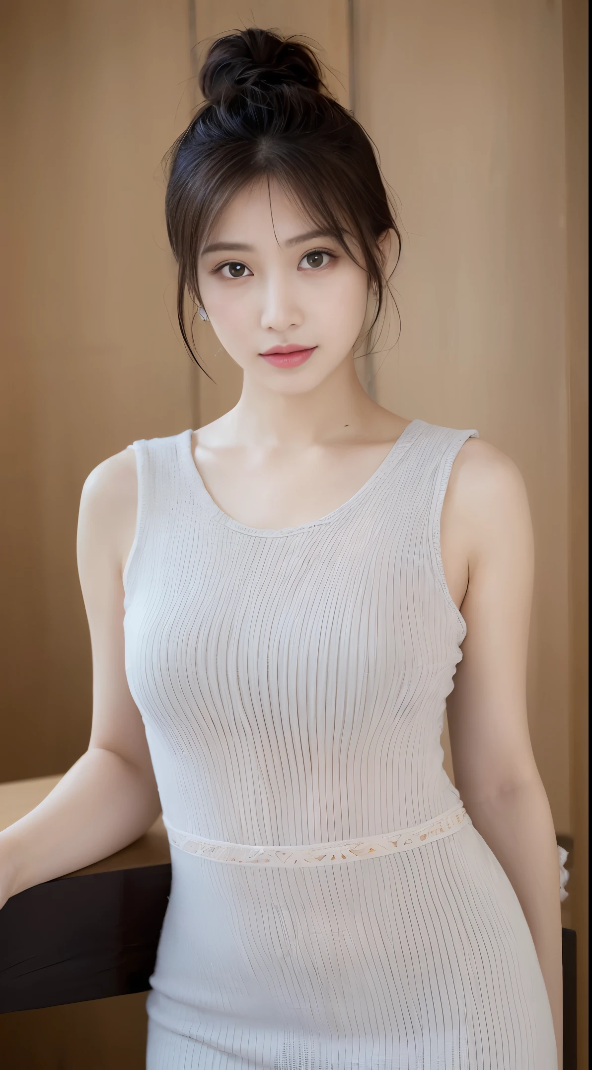 finely, High resolution, high quality、完璧なダイナミックな構figure, beautiful and fine eyes, medium hair, small breasts、natural color lip,Kamimehibuya、20 year old girl、1 person、transparent skin、shining hair、table top, 最high quality, figure, super detailed, finely, High resolution, 8K、correct state of the human body、Randomly cute poses,ponytail hair,beautiful feet,perfect beautiful face,KPOP idol face,A face of ecstasy,Pale light grey knitted dress,background blur,Randomly dress up as a model for a women's fashion magazine