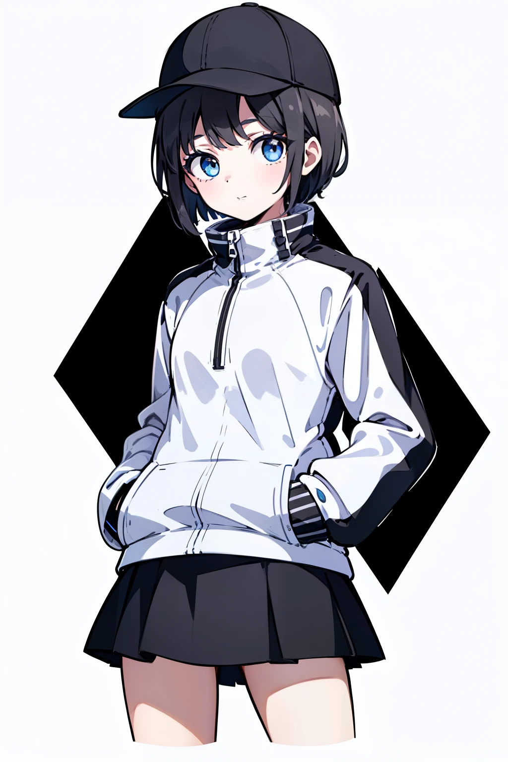 1girl, solo, blue eyes, (detailed eyes), flat chest, ((short hair)), black hair, (baseball hat), white cap, (waterproof jacket), (white jacket), skirt, black skirt, black socks, standing, (hands in pockets), ((Closed sweater)), upper body, (white background), Transparent background, looking at viewe, ((masterpiece, illustration, best quality)) 