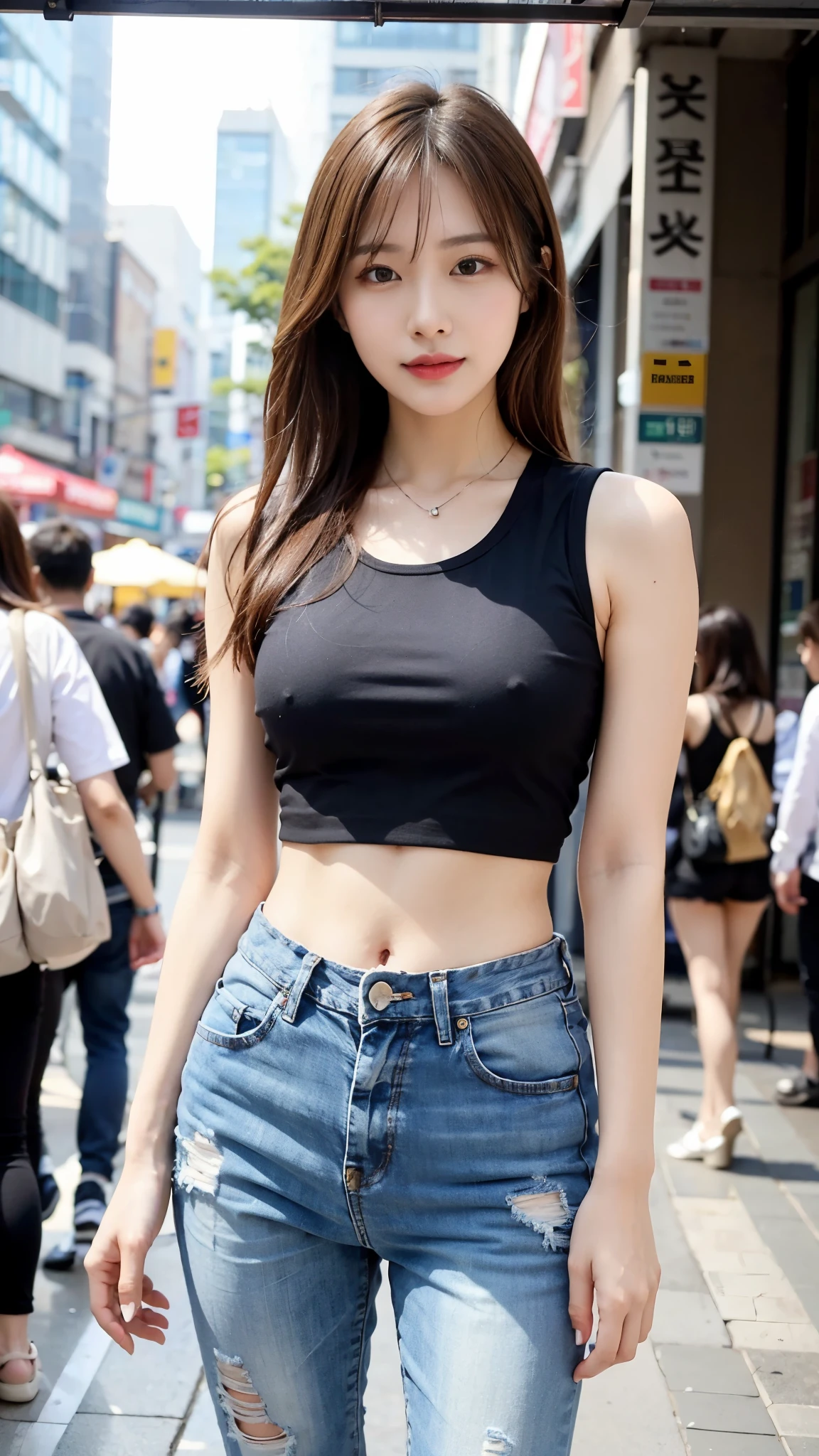 araffe asian woman in white top and jeans posing for a picture, gorgeous young korean woman, beautiful young korean woman, beautiful south korean woman, korean girl, korean female fashion model, beautiful asian girl, wearing tight clothes, korean woman, slim girl model photo, beautiful model girl, wearing sexy crop tops, wearing a low-cut tank top