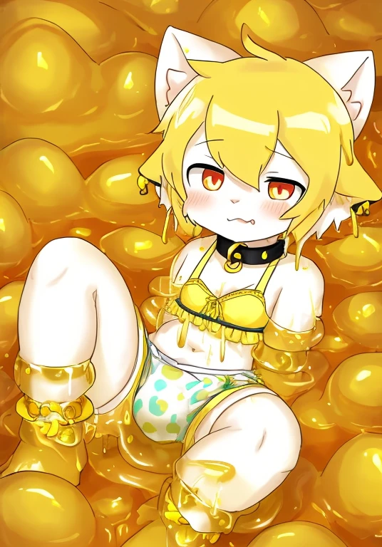 A male white cat wearing a diaper，潜入Golden Slime中，into the slime，（（Thighs covered with golden mucus）），Golden Slime，collar，red pupils，cat ears，cat nose，（leg rings），（anklet），（wristband），bra