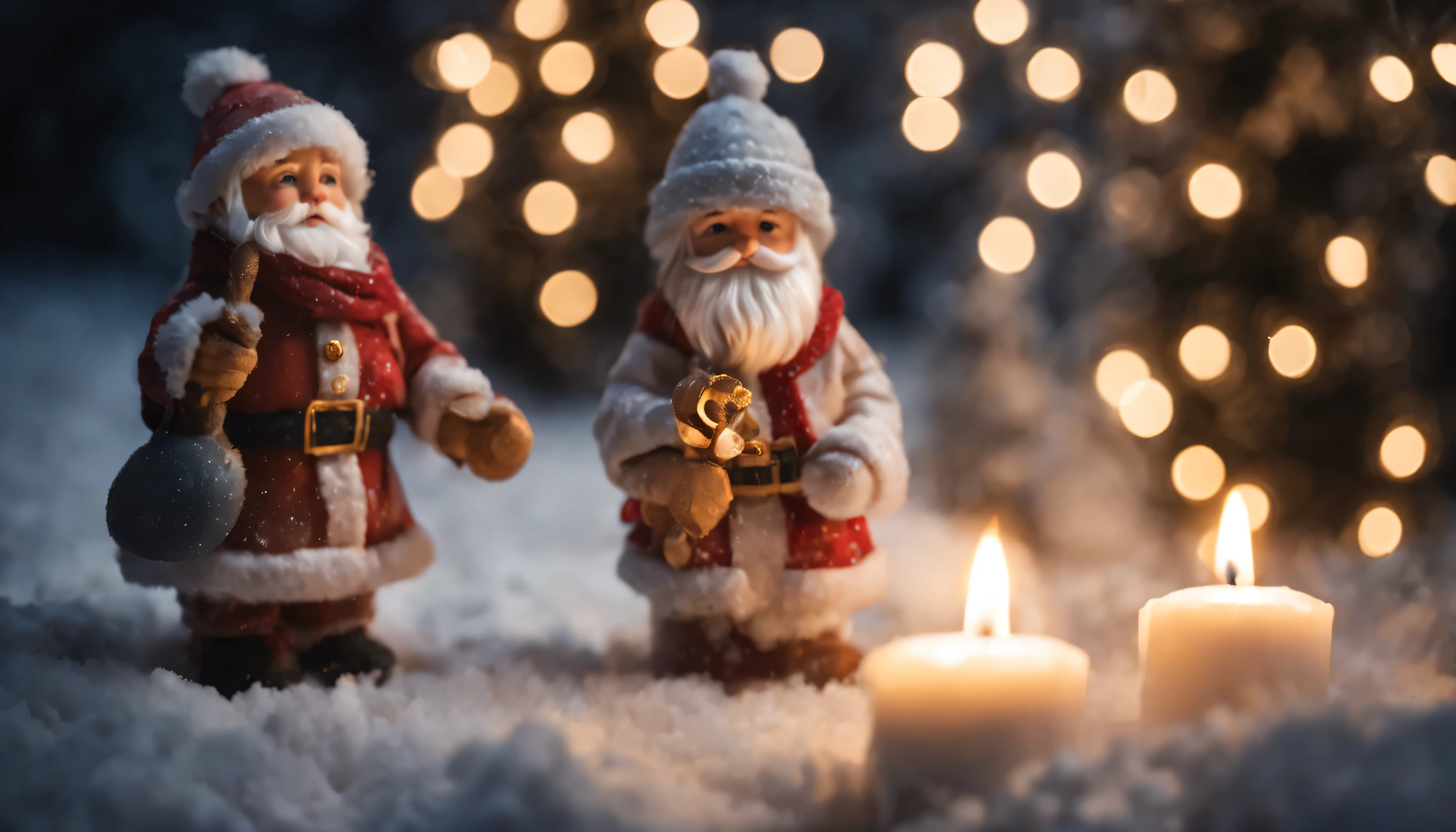 night ,snow and dark starry sky, snow and christmas candles ,and a big Christmas tree,fairy lights,Santa Claus and the Snow Maiden,Clear Focus,high detail,HIGH HYPER QUALITY 8K