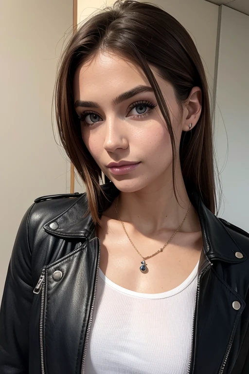 Belle fille, Marron_eyeeautiful mince adolescente de 18 ans, cheveux color [Brown highlights cheveux], [Pixie undercut] cheveux)), boucles d’oreilles, lèvres, Réaliste, taille étroite, charmant, pink lèvrestick, maquillage coloré, Cils longs, boucles d’oreilles, porter de l’eye-liner, peau claire, (mignon), (face détaillée), Yeux détaillés, Iris détaillé, corp magnifique, corps athlétique, abdominaux prononcés sur l&#39, pantalon moulan, veste cuir , sac LV