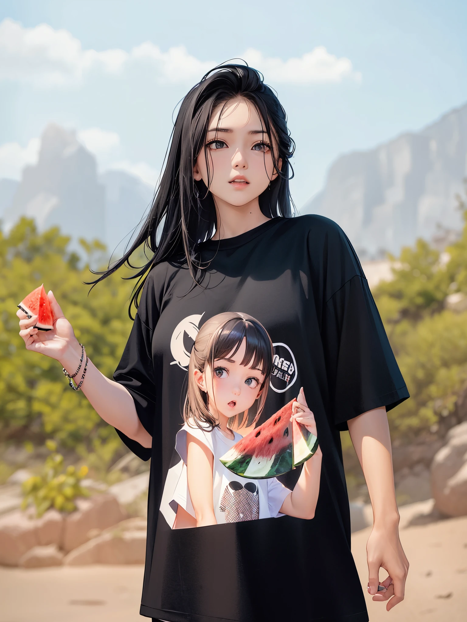 arafed woman in a black shirt with a watermelon on it, t-shirt, t - shirt, short sleeves, cute girl, graphic tees, wearing black tshirt, in tshirt, young lady, tshirt, from 8 k matte, exclusive, graphic print, tshirt!!, asian girl, ruan cute vtuber, black t-shirt, black t - shirt