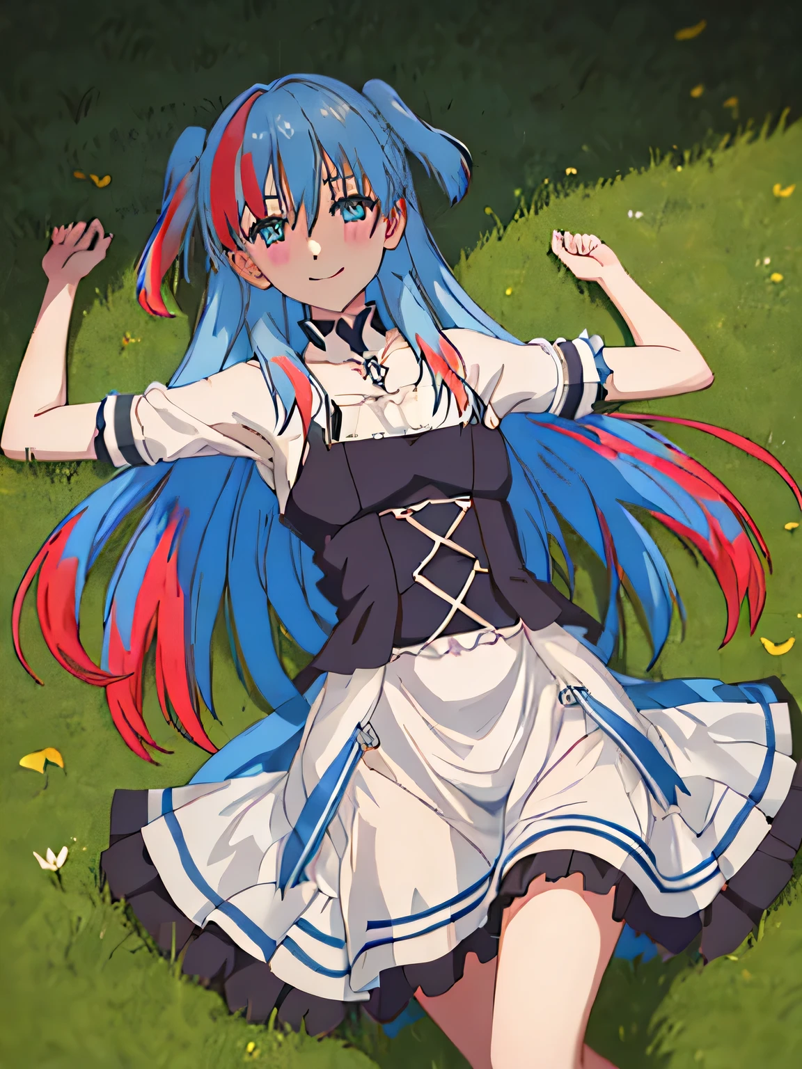 best quality, masterpiece, highres, solo, {chtholly_sukasuka:1.15}, blue_hair, long_hair, blue_eyes, two_side_up, bangs, multicolored_hair, 1girl, closed_mouth, red_hair, two-tone_hair, smile, cowboy shot, lying, on back, on grass, cowboy shot, spread arms, , anime,