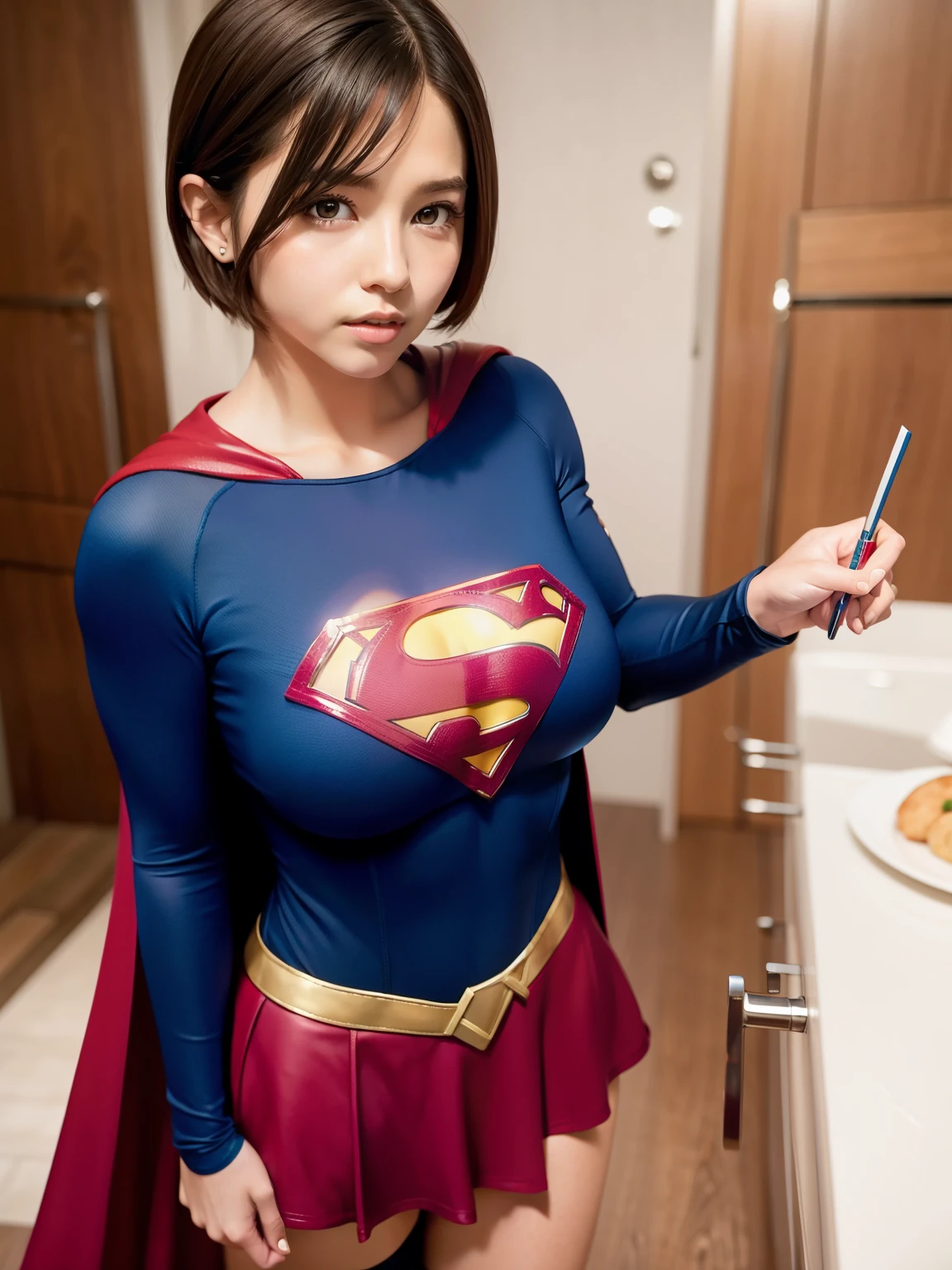 masterpiece、A short-haired supergirl who puts her hands on her hips and puffs out her chest.、big and full breasts、look at the camera、shiny costume、red mini skirt、long sleeve、Enamel Long Boots、combat readiness